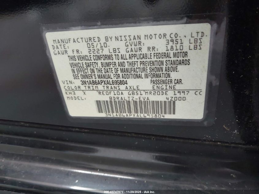 2010 Nissan Sentra 2.0Sr VIN: 3N1AB6APXAL695804 Lot: 43747873