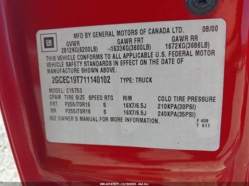 2001 Chevrolet Silverado 1500 Ls VIN: 2GCEC19T711140102 Lot: 43747877