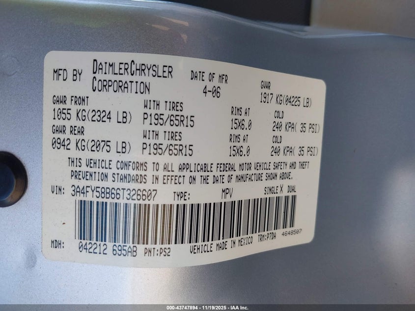 2006 Chrysler Pt Cruiser Touring VIN: 3A4FY58B66T326607 Lot: 43747894