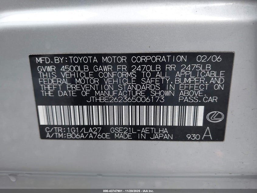 2006 Lexus Is 350 VIN: JTHBE262365006173 Lot: 43747901