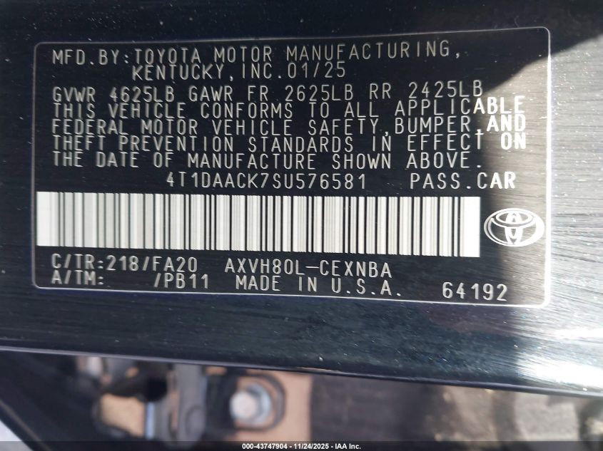 2025 Toyota Camry Le VIN: 4T1DAACK7SU576581 Lot: 43747904