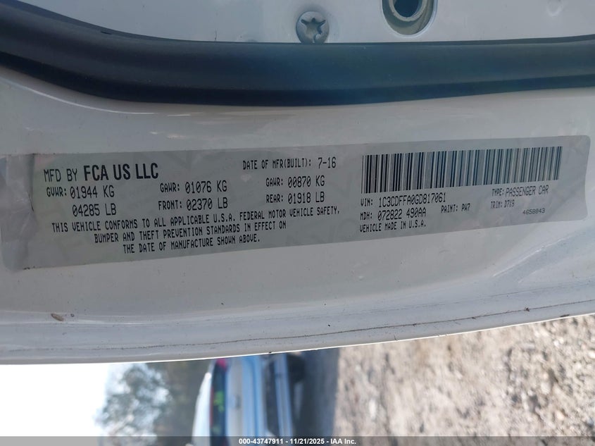 2016 Dodge Dart Sxt Sport VIN: 1C3CDFFA0GD817061 Lot: 43747911