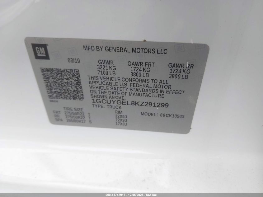 2019 Chevrolet Silverado 1500 Ltz VIN: 1GCUYGEL8KZ291299 Lot: 43747917