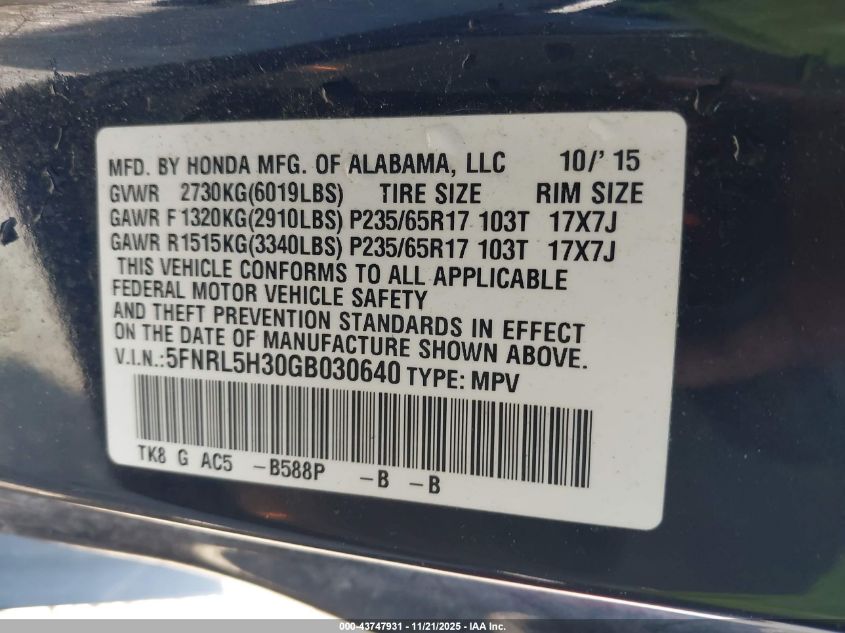 2016 Honda Odyssey Se VIN: 5FNRL5H30GB030640 Lot: 43747931