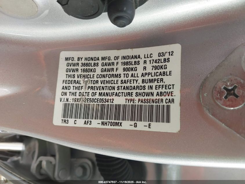 2012 Honda Civic Lx VIN: 19XFB2E50CE053412 Lot: 43747937