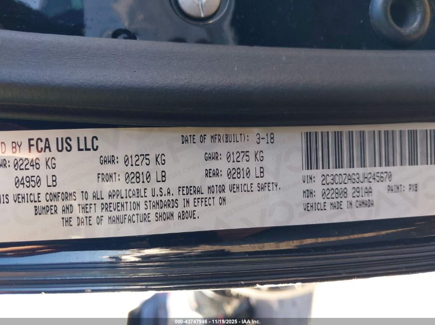 2018 Dodge Challenger Sxt VIN: 2C3CDZAG3JH245670 Lot: 43747946