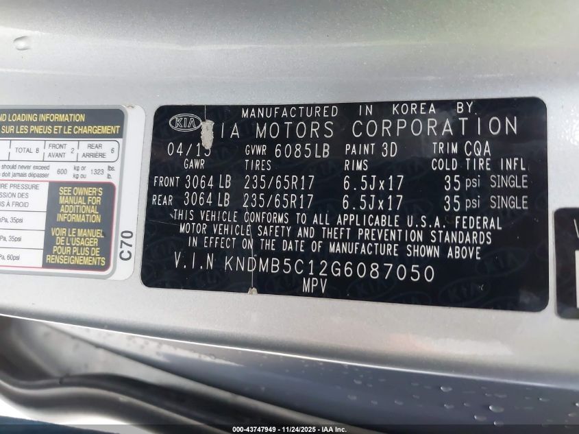 2016 Kia Sedona Lx VIN: KNDMB5C12G6087050 Lot: 43747949