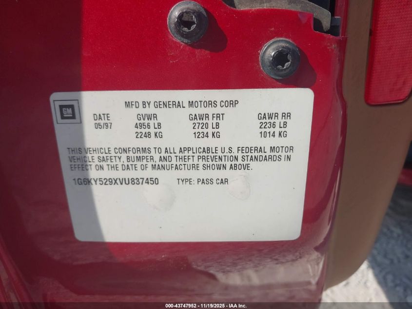 1997 Cadillac Seville Sts VIN: 1G6KY529XVU837450 Lot: 43747952