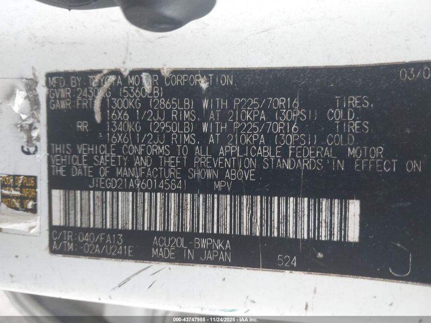 2006 Toyota Highlander VIN: JTEGD21A960145841 Lot: 43747955