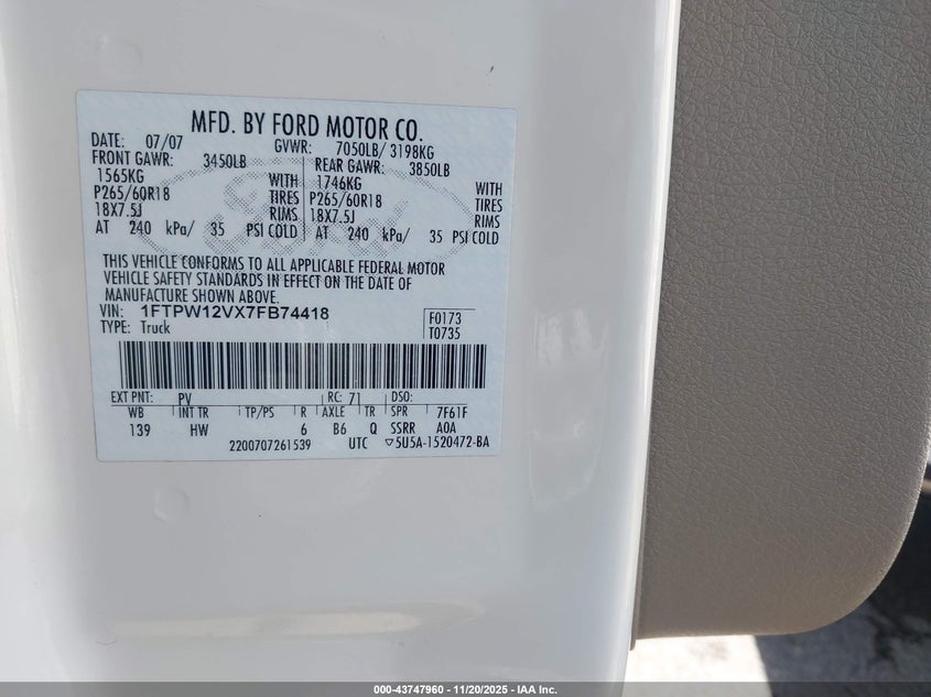 2007 Ford F-150 Lariat/Xlt VIN: 1FTPW12VX7FB74418 Lot: 43747960