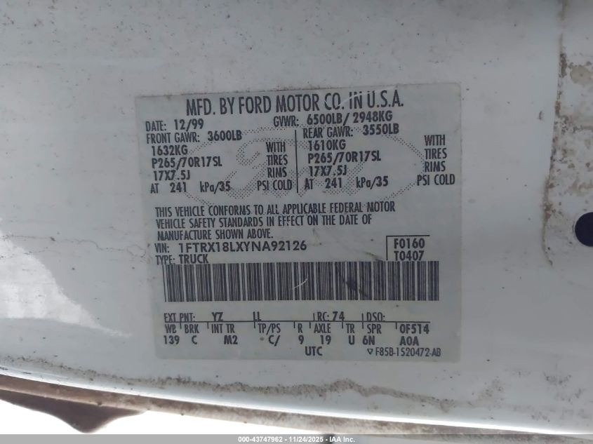2000 Ford F-150 Lariat/Work Series/Xl/Xlt VIN: 1FTRX18LXYNA92126 Lot: 43747962