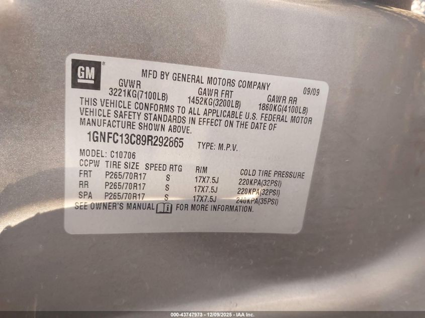 2009 Chevrolet Tahoe Ls VIN: 1GNFC13C89R292865 Lot: 43747973