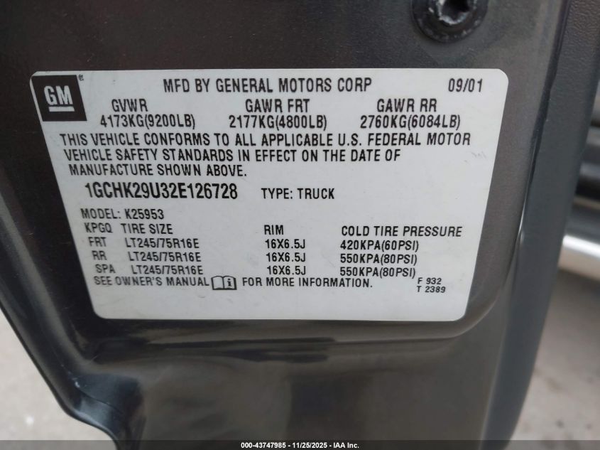 2002 Chevrolet Silverado 2500Hd Ls VIN: 1GCHK29U32E126728 Lot: 43747985