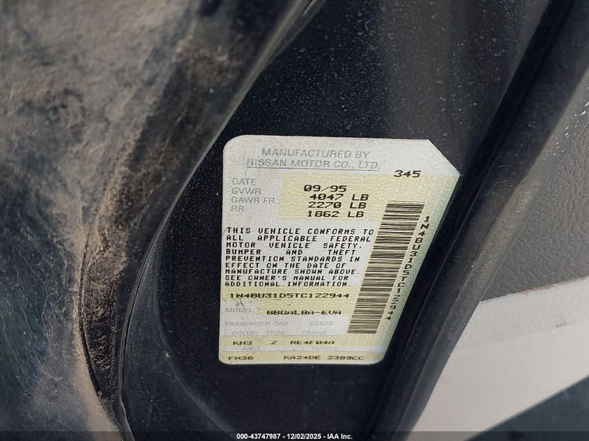 1996 Nissan Altima Xe/Gxe/Se/Gle VIN: 1N4BU31D5TC122944 Lot: 43747987