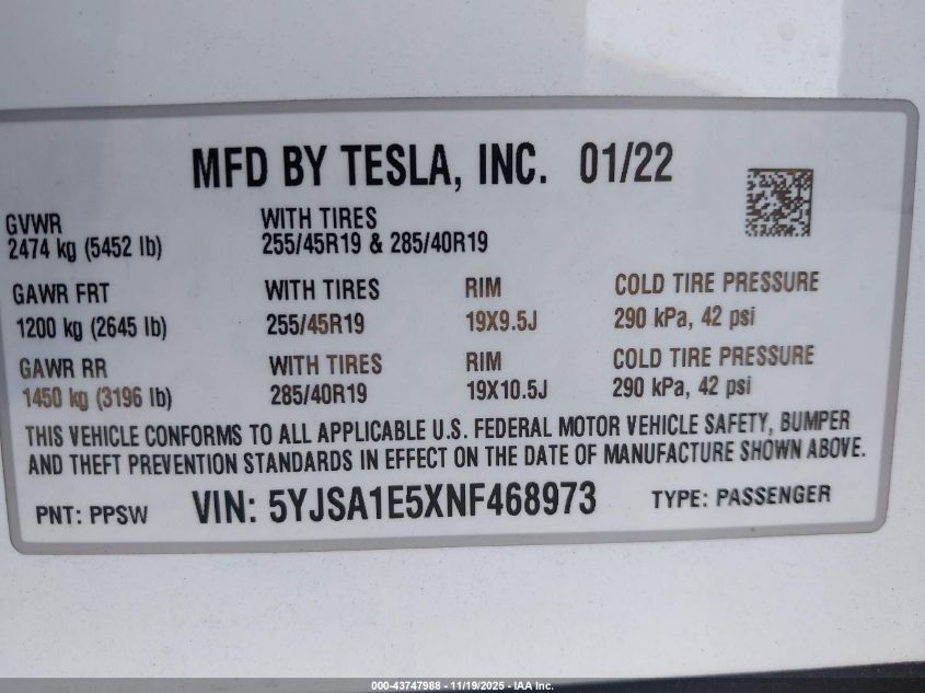 2022 Tesla Model S Dual Motor All-Wheel Drive VIN: 5YJSA1E5XNF468973 Lot: 43747988
