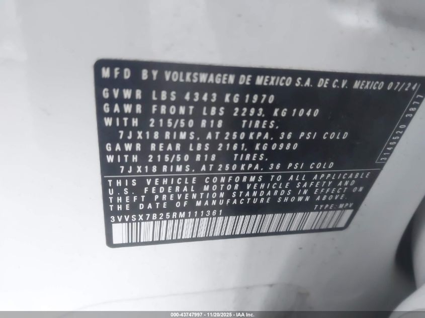 2024 Volkswagen Taos 1.5T Se VIN: 3VVSX7B25RM111361 Lot: 43747997