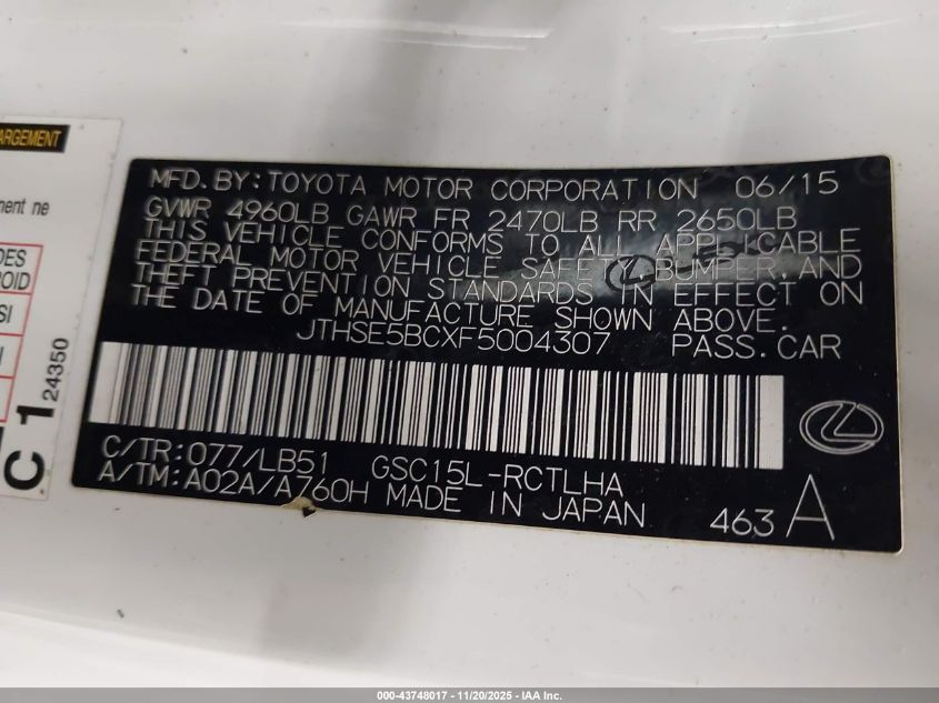 2015 Lexus Rc 350 VIN: JTHSE5BCXF5004307 Lot: 43748017