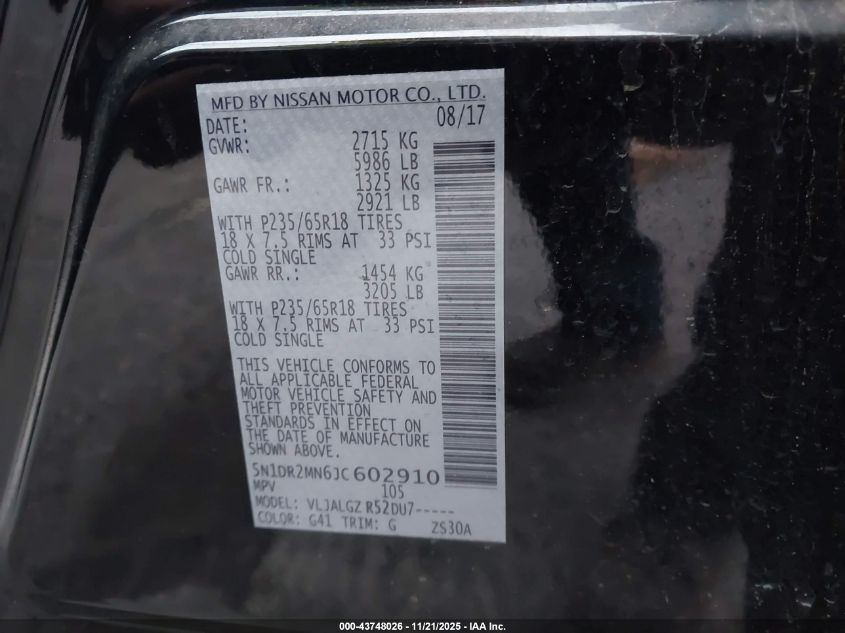 2018 Nissan Pathfinder Sl VIN: 5N1DR2MN6JC602910 Lot: 43748026