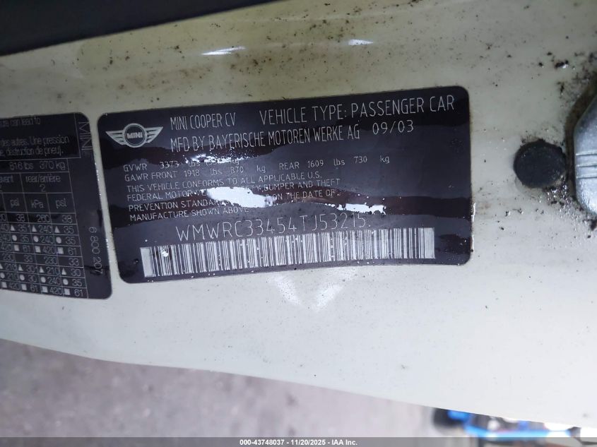2004 Mini Cooper VIN: WMWRC33454TJ53215 Lot: 43748037
