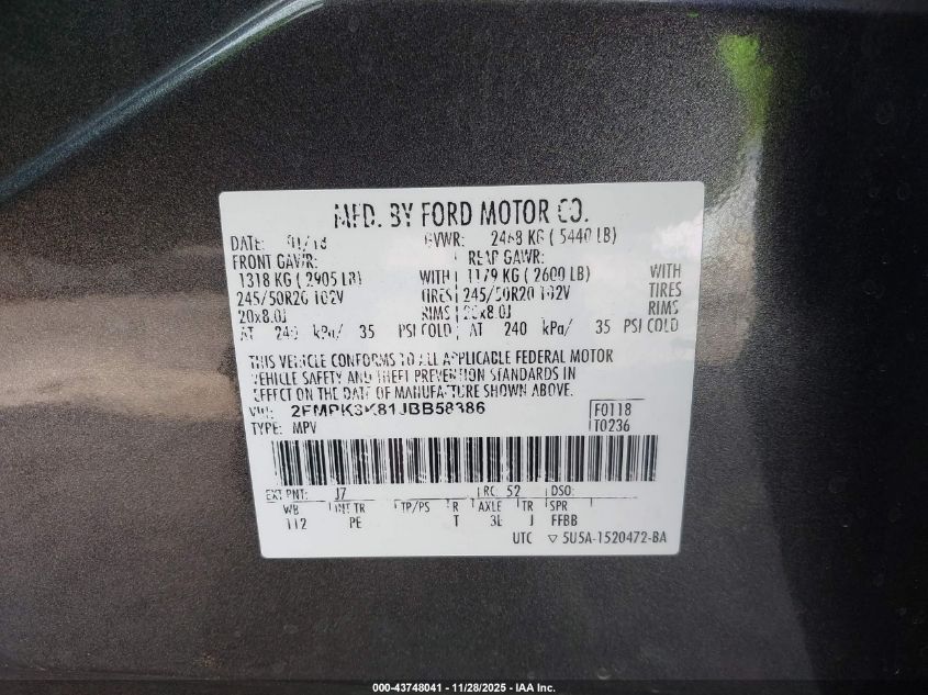 2018 Ford Edge Titanium VIN: 2FMPK3K81JBB58386 Lot: 43748041