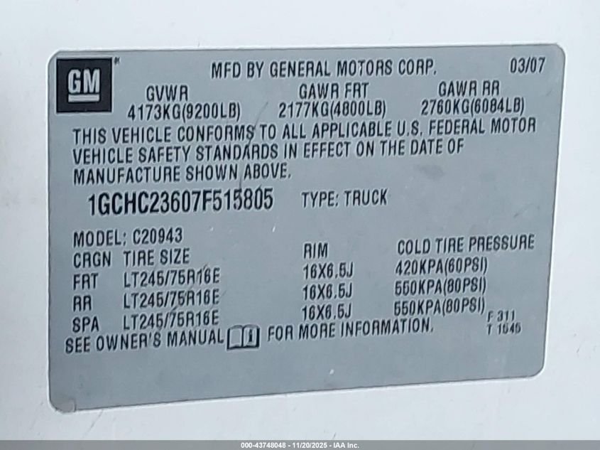 2007 Chevrolet Silverado 2500Hd Work Truck VIN: 1GCHC23607F515805 Lot: 43748048