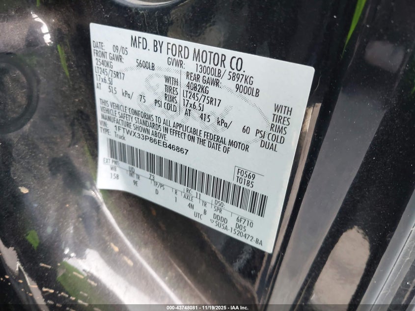 2006 Ford F-350 Lariat/Xl/Xlt VIN: 1FTWX33P86EB46867 Lot: 43748081