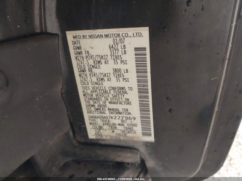 2007 Nissan Titan Xe VIN: 1N6BA06AX7N227969 Lot: 43748083