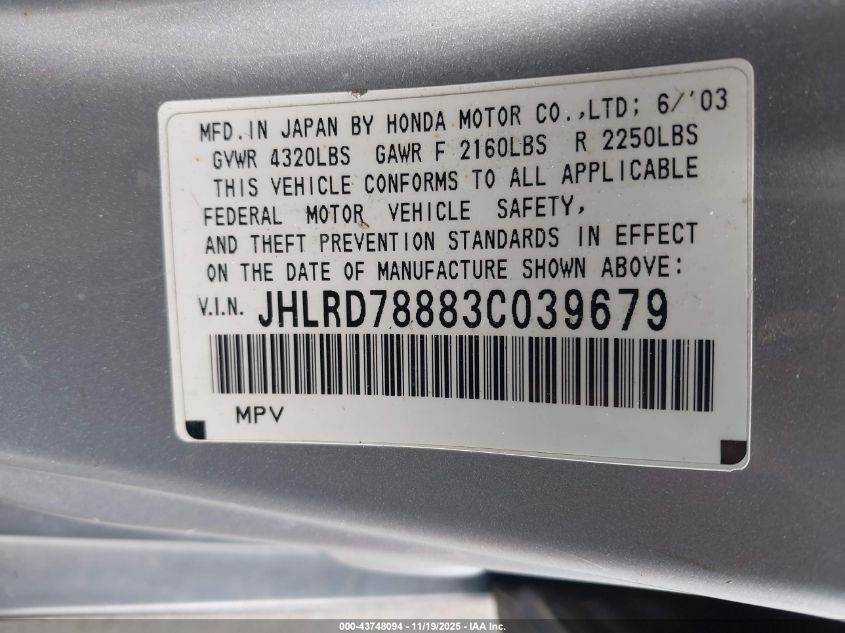 2003 Honda Cr-V Ex VIN: JHLRD78883C039679 Lot: 43748094