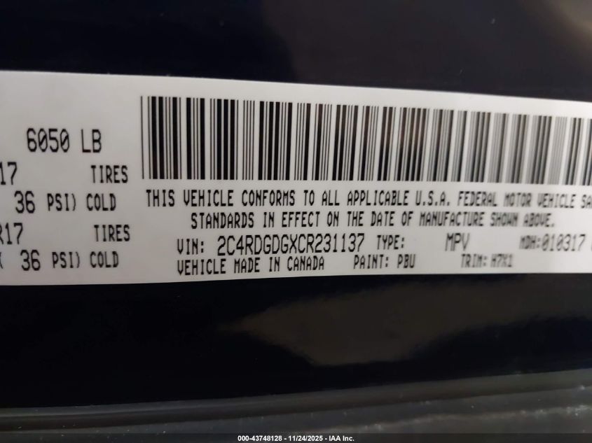 2012 Dodge Grand Caravan Crew VIN: 2C4RDGDGXCR231137 Lot: 43748128