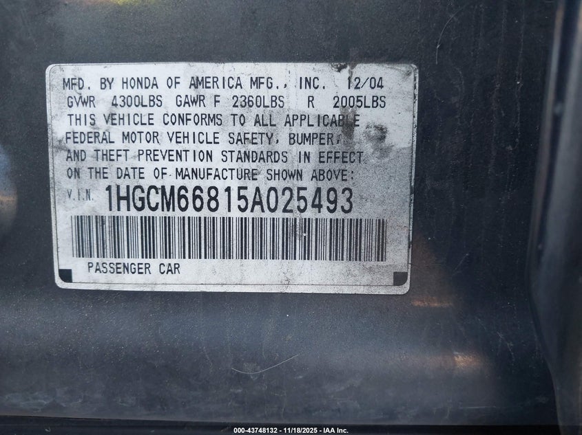1HGCM66815A025493 2005 HONDA ACCORD photo no. 9