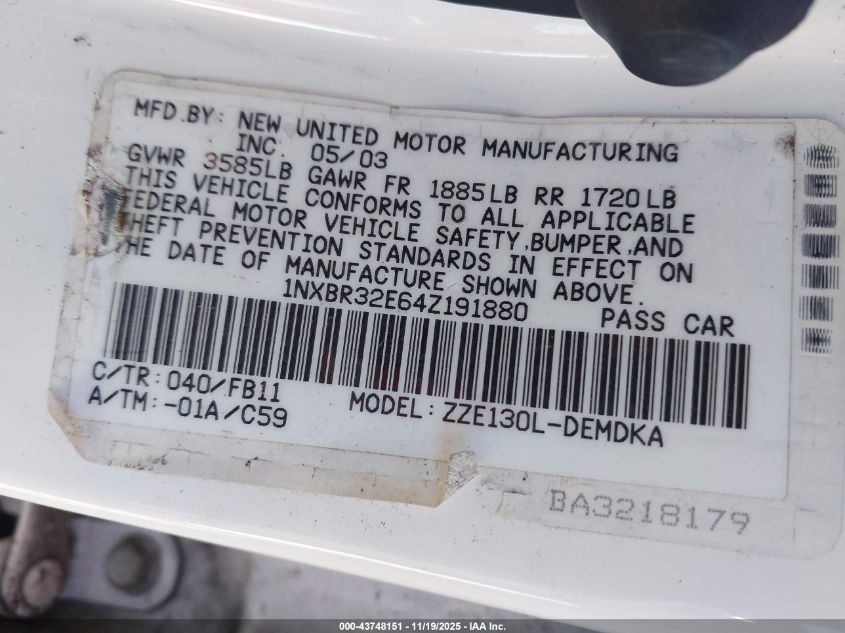 2004 Toyota Corolla Ce VIN: 1NXBR32E64Z191880 Lot: 43748151