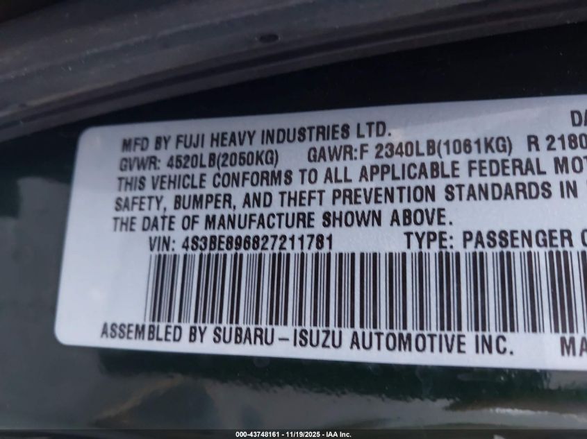 2002 Subaru Outback H6-3.0/H6-3.0 Vdc VIN: 4S3BE896827211781 Lot: 43748161