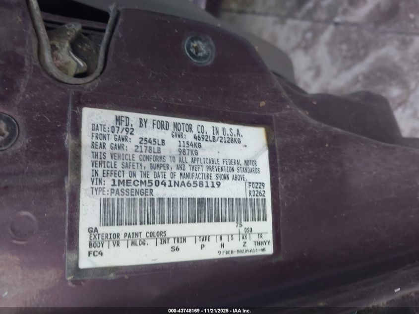 1992 Mercury Sable Gs VIN: 1MECM5041NA658119 Lot: 43748169