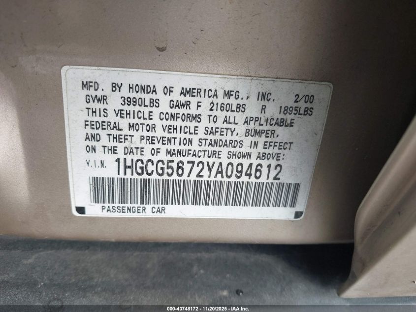 2000 Honda Accord 2.3 Se VIN: 1HGCG5672YA094612 Lot: 43748172