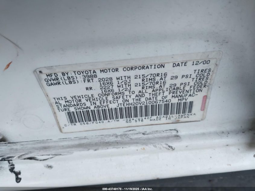 2001 Toyota Rav4 VIN: JTEHH20V210067540 Lot: 43748178