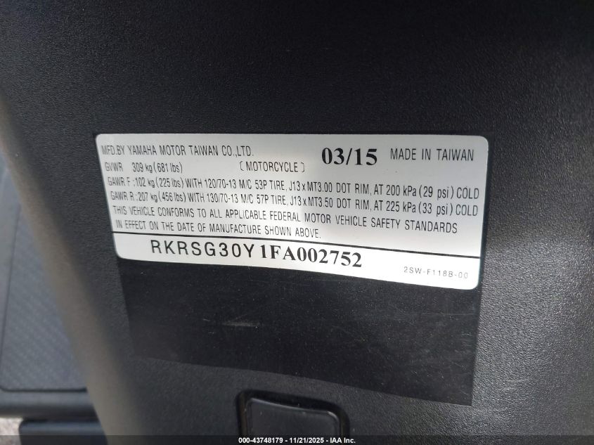 2015 Yamaha Xc155 VIN: RKRSG30Y1FA002752 Lot: 43748179