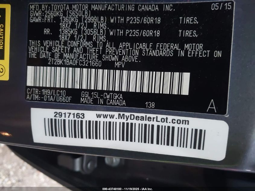 2015 Lexus Rx 350 VIN: 2T2BK1BA0FC321660 Lot: 43748180