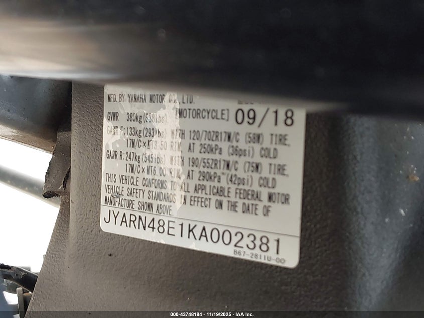 2019 Yamaha Mtn1000 VIN: JYARN48E1KA002381 Lot: 43748184