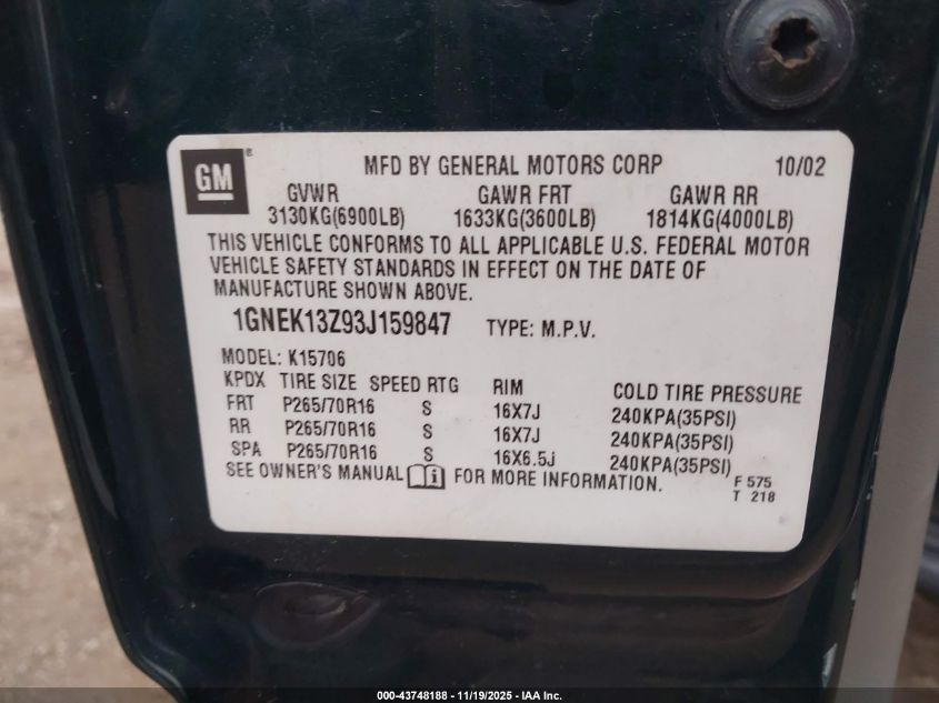 2003 Chevrolet Tahoe Lt VIN: 1GNEK13Z93J159847 Lot: 43748188