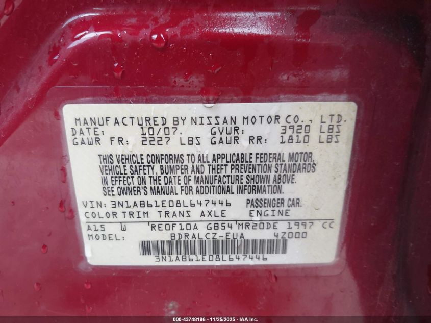 2008 Nissan Sentra 2.0 VIN: 3N1AB61E08L647446 Lot: 43748196