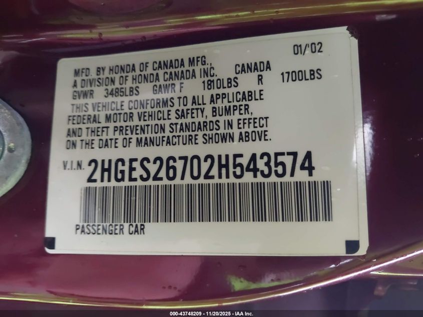 2002 Honda Civic Ex VIN: 2HGES26702H543574 Lot: 43748209