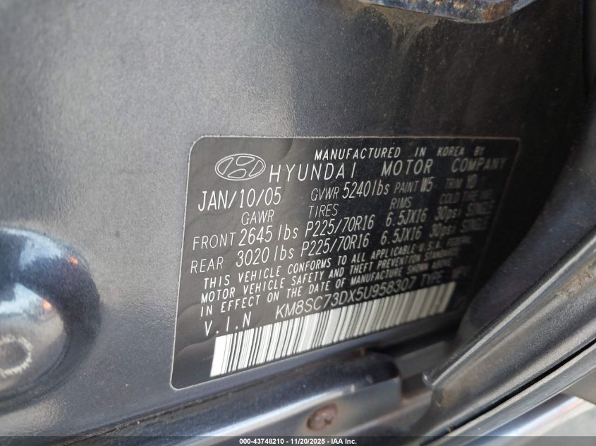 2005 Hyundai Santa Fe Gls VIN: KM8SC73DX5U958307 Lot: 43748210
