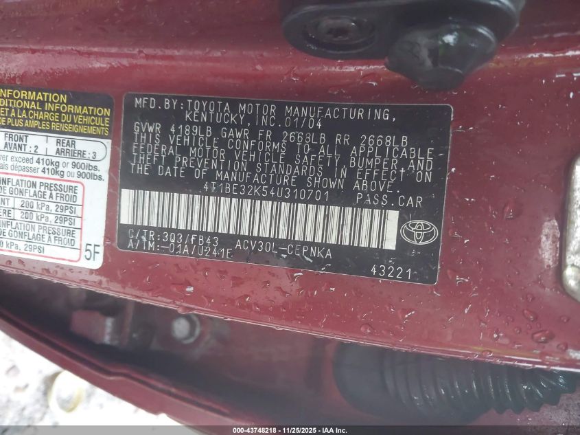 2004 Toyota Camry Le VIN: 4T1BE32K54U310701 Lot: 43748218