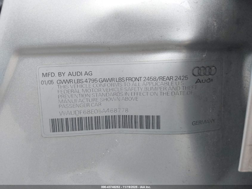 2005 Audi A4 2.0T VIN: WAUDF68E05A468778 Lot: 43748252