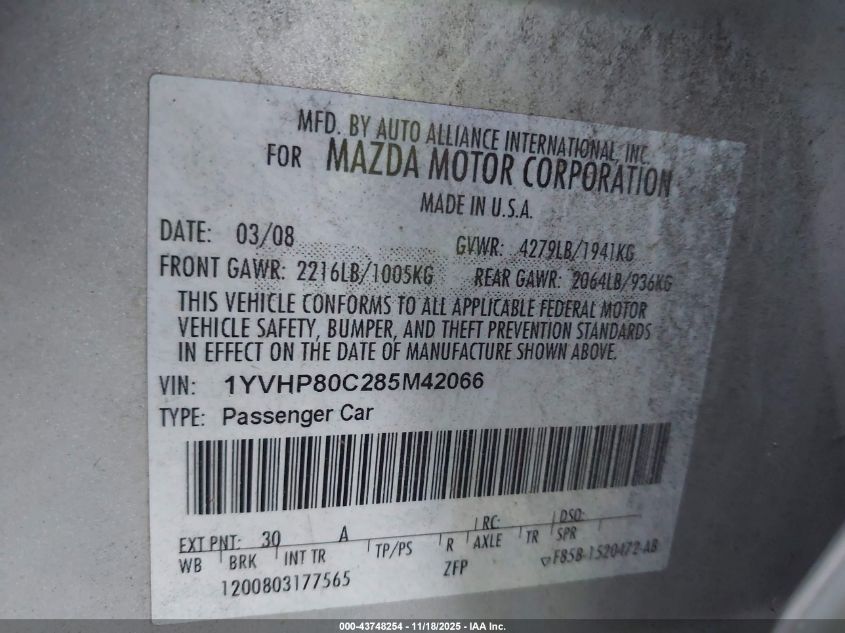 2008 Mazda Mazda6 I Sport Ve VIN: 1YVHP80C285M42066 Lot: 43748254