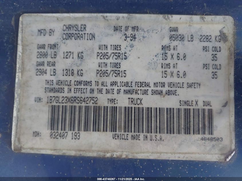 1994 Dodge Dakota VIN: 1B7GL23X6RS642752 Lot: 43748267