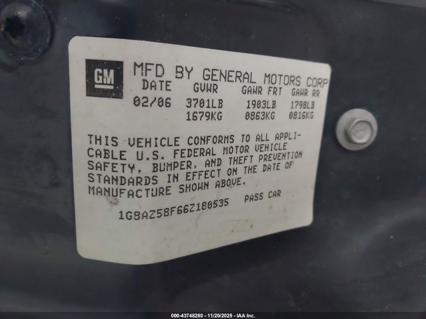 2006 Saturn Ion 2 VIN: 1G8AZ58F66Z180535 Lot: 43748280