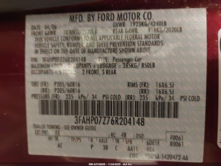 2006 Ford Fusion Se VIN: 3FAHP07Z76R204148 Lot: 43748285