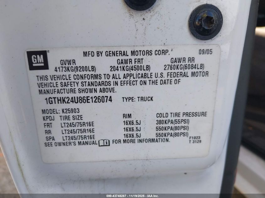 2006 GMC Sierra 2500Hd Work Truck VIN: 1GTHK24U86E126074 Lot: 43748287