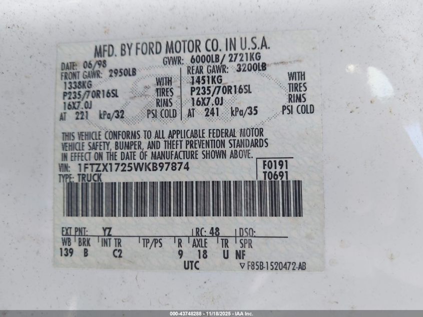 1998 Ford F-150 Standard/Xl/Xlt VIN: 1FTZX1725WKB97874 Lot: 43748288